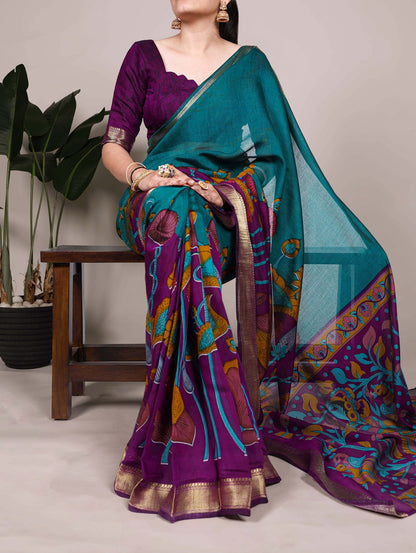 Chanderi Traditional Floral Printed Saree with Zari Weaving – Elegant Saree Collection