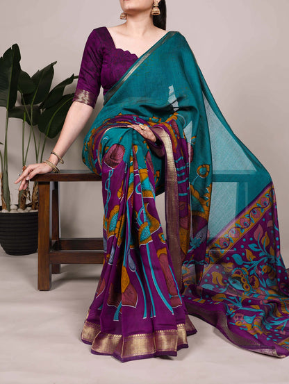 Chanderi Traditional Floral Printed Saree with Zari Weaving – Elegant Saree Collection
