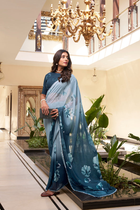 Weightless Marble Floral Printed Saree with Lace Border – Lightweight Saree Collection