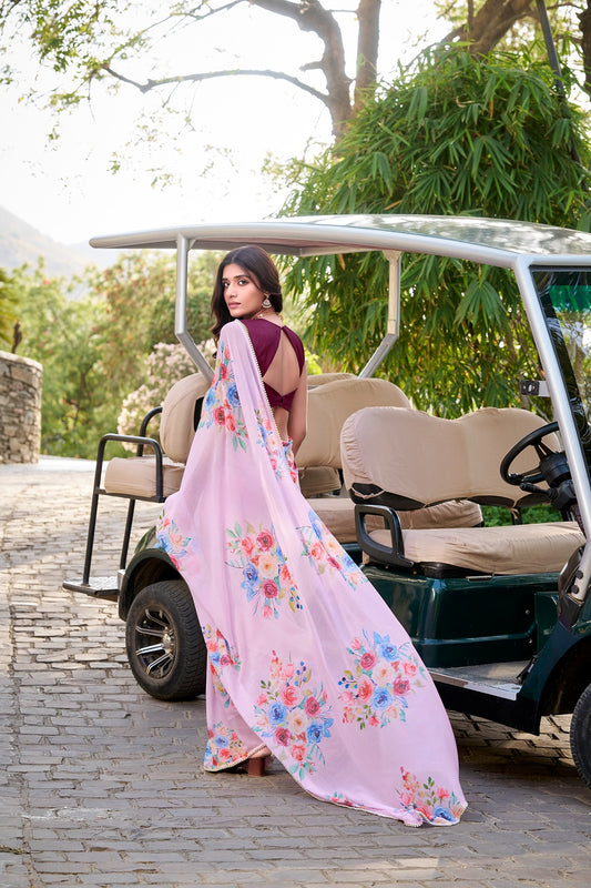 Weightless Marble Floral Printed Saree with Pearl Lace Border – Lightweight Saree Collection