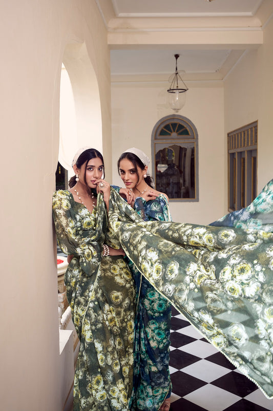 Weightless Marble Floral Printed Saree with Pearl Lace Border – Lightweight Saree Collection