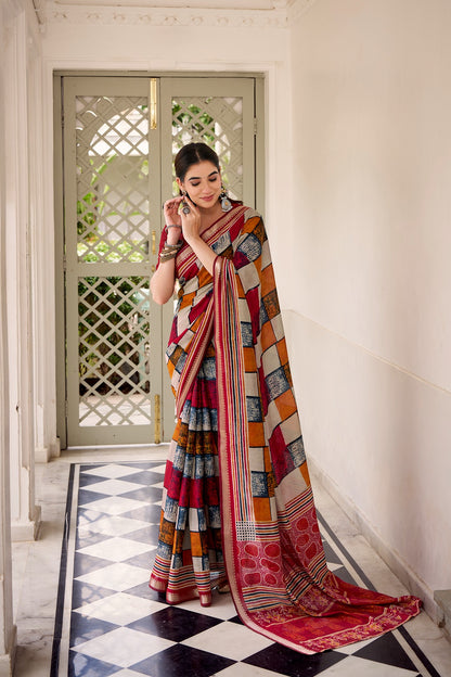 Chanderi Temple Border Printed Saree – Elegant Traditional Saree Collection