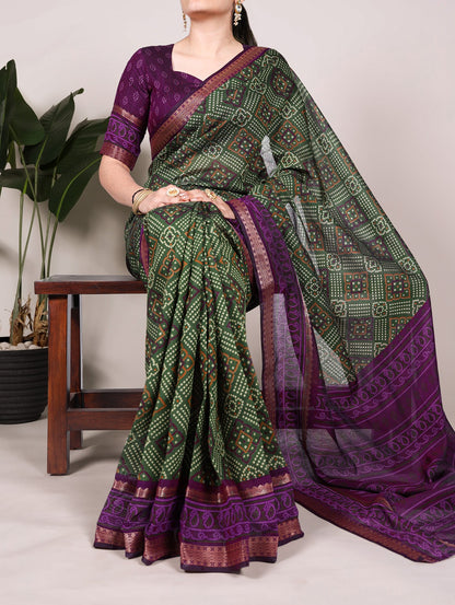 Chanderi Bandhej Printed Saree with Zari Weaving Work – Traditional Saree Collection