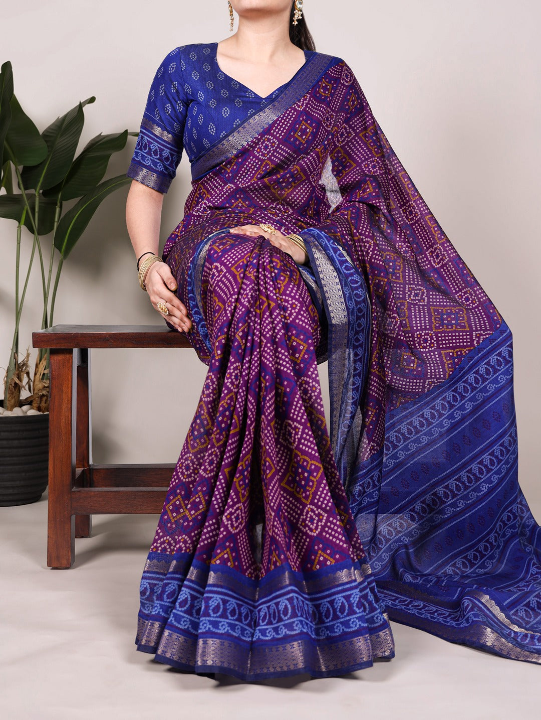 Chanderi Bandhej Printed Saree with Zari Weaving Work – Traditional Saree Collection
