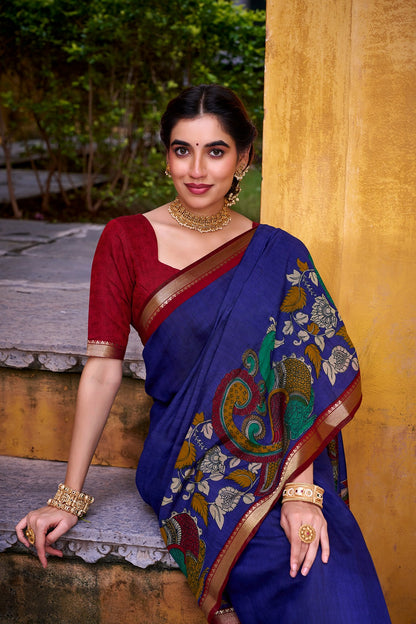 Chanderi Kalamkari Printed Saree with Zari Weaving Work – VIRANSHI Collection