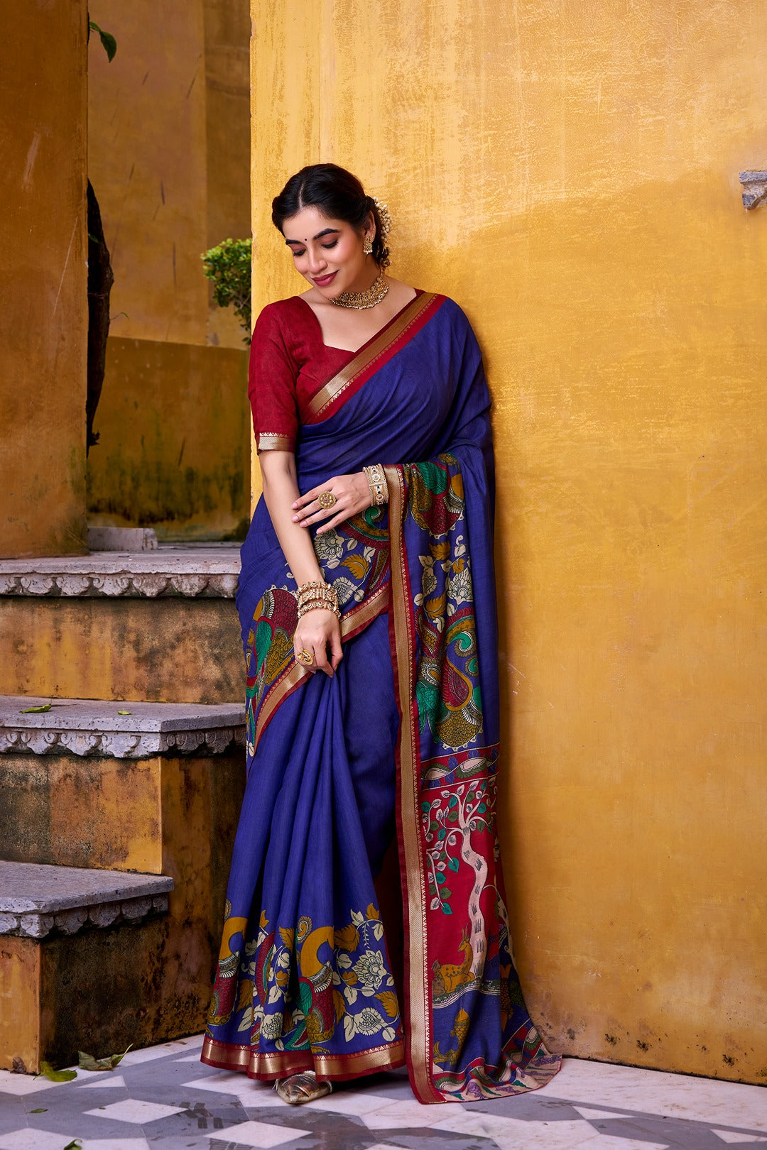 Chanderi Kalamkari Printed Saree with Zari Weaving Work – VIRANSHI Collection