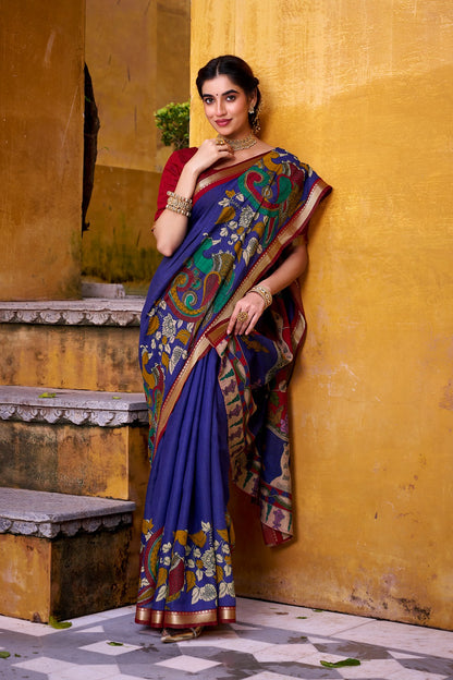 Chanderi Kalamkari Printed Saree with Zari Weaving Work – VIRANSHI Collection