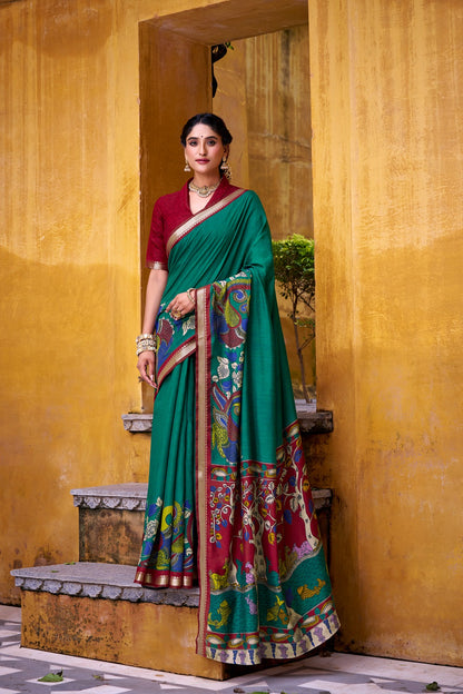 Chanderi Kalamkari Printed Saree with Zari Weaving Work – VIRANSHI Collection