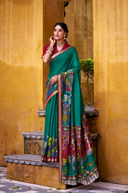 Chanderi Kalamkari Printed Saree with Zari Weaving Work – VIRANSHI Collection