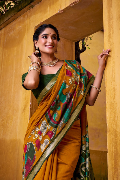 Chanderi Kalamkari Printed Saree with Zari Weaving Work – VIRANSHI Collection