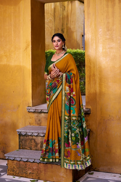 Chanderi Kalamkari Printed Saree with Zari Weaving Work – VIRANSHI Collection