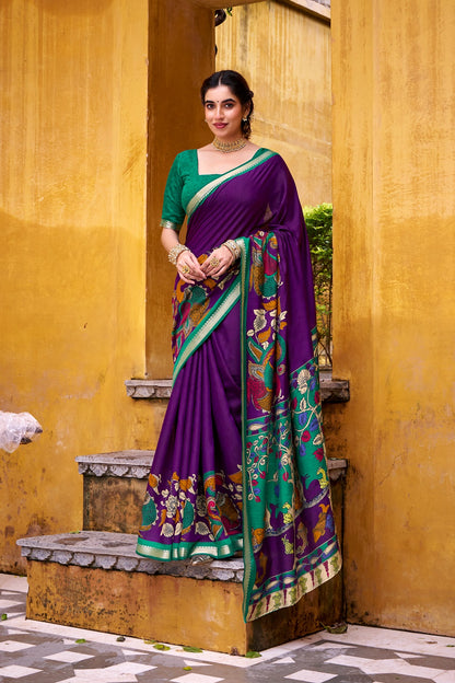 Chanderi Kalamkari Printed Saree with Zari Weaving Work – VIRANSHI Collection