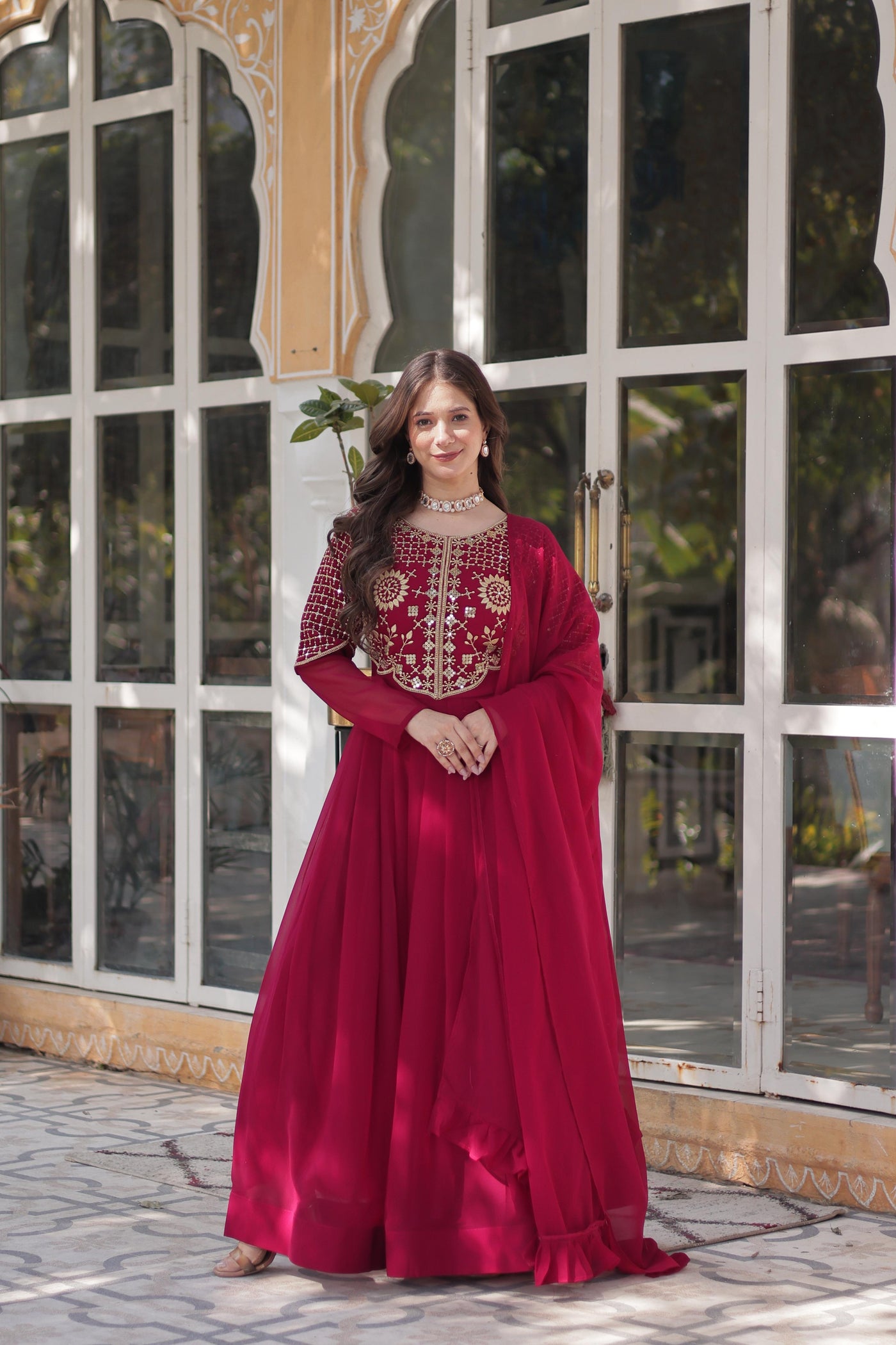 Pink Ethnic Georgette Gown With Fancy Dupatta