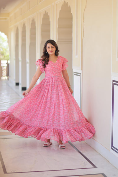 Pink Color Floral Print Flaired Gown