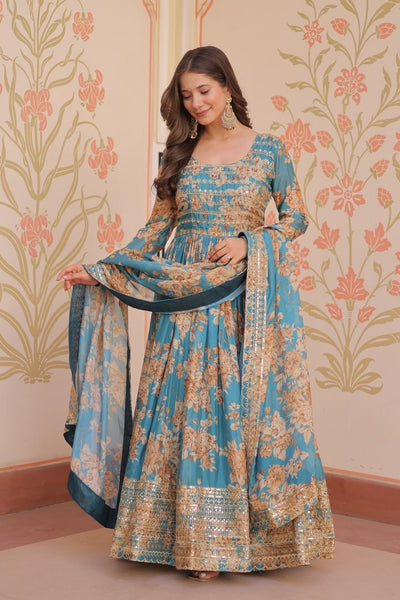English Russian Silk Gown With Printed Dupatta