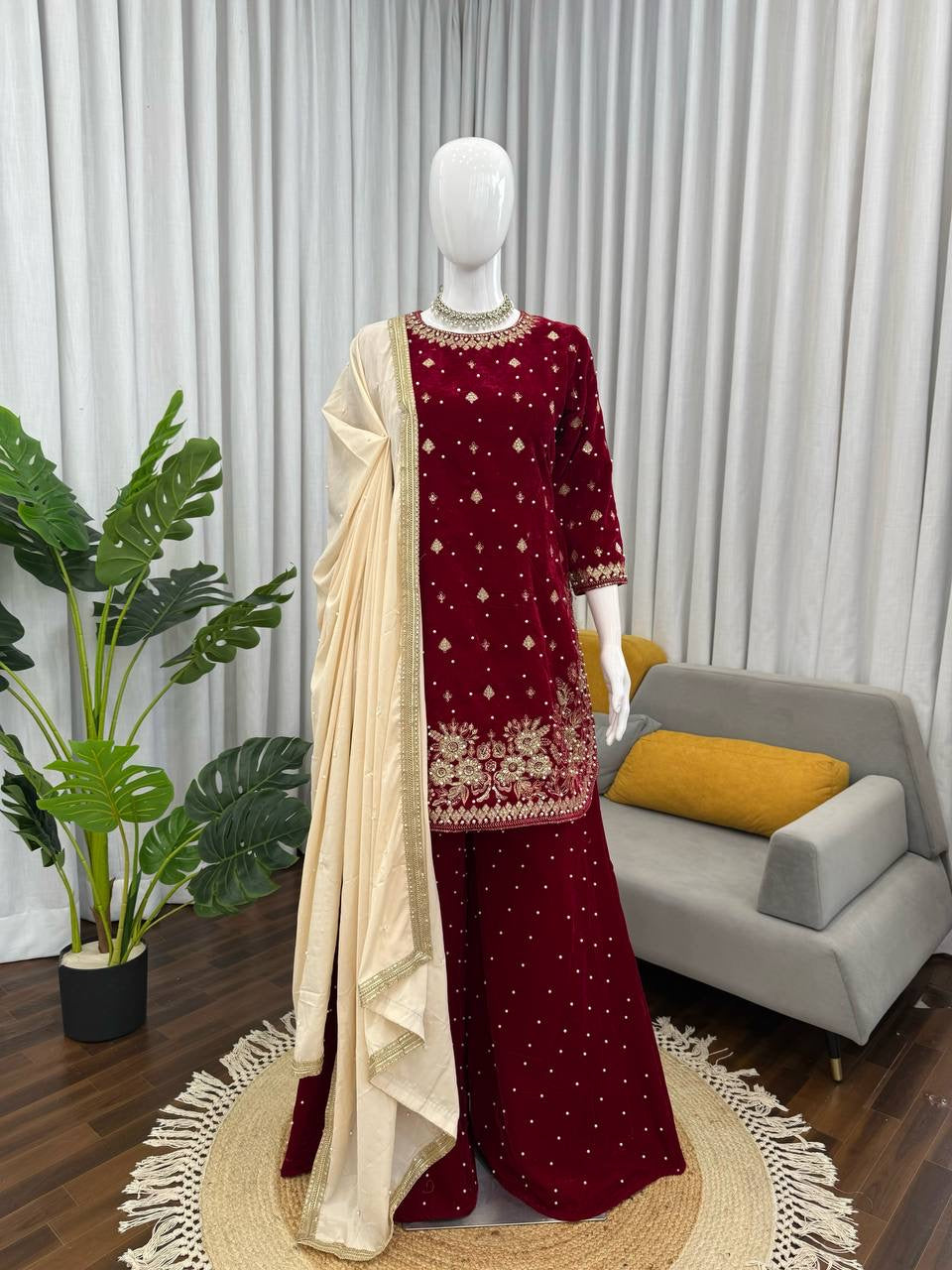 Maroon Velvet Salwar Kuit With Beige Dupatta