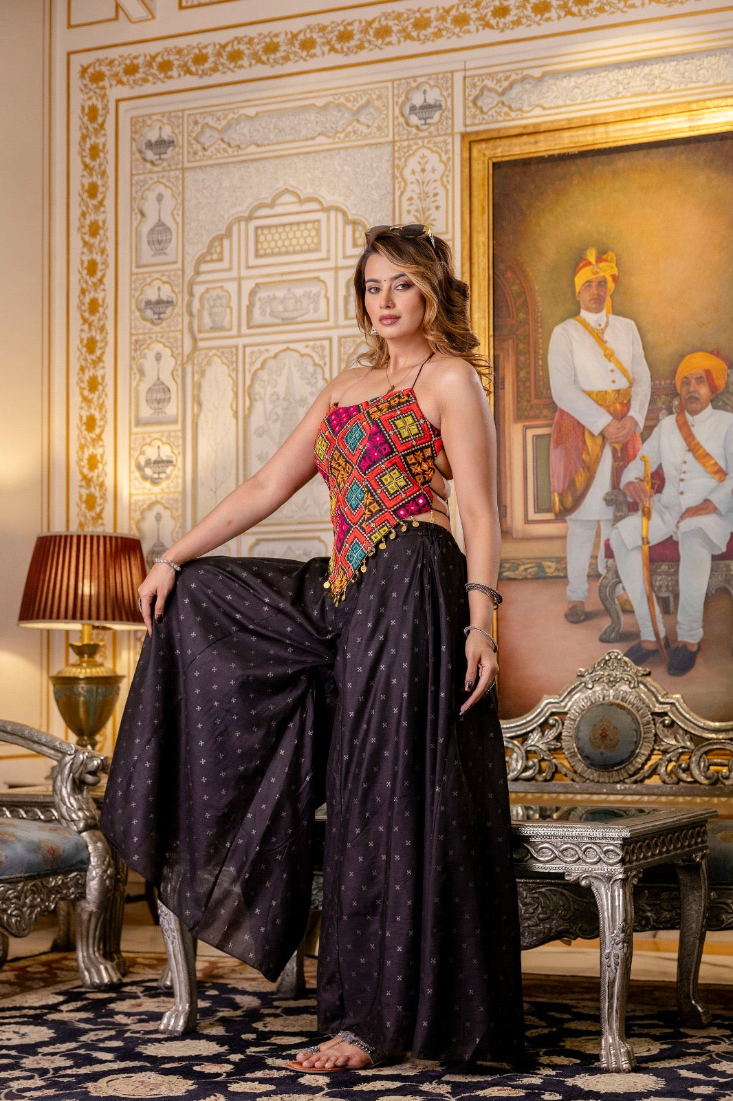 Black Embroidered Top With Pure Butti Flary Palazzo Set