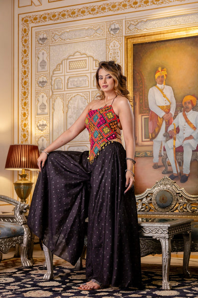 Black Embroidered Top With Pure Butti Flary Palazzo Set