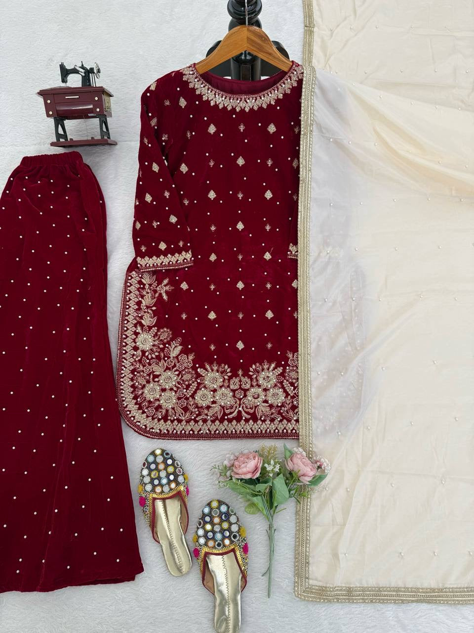 Maroon Velvet Salwar Kuit With Beige Dupatta