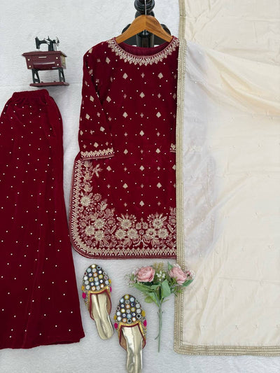 Maroon Velvet Salwar Kuit With Beige Dupatta