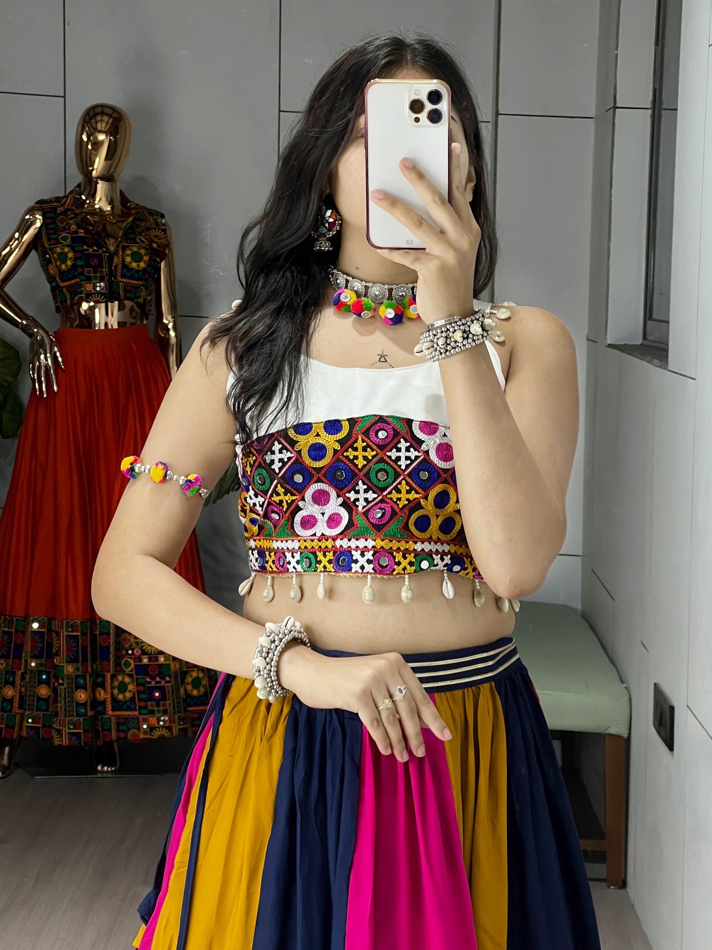 Navratri Special Multicolor Frill Lehenga & Gamthi Work Kediya Blouse