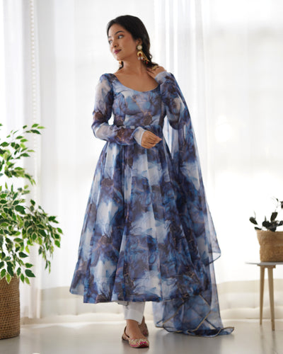 Pure Organza Silk Marble Print Anarkali Set With Dupatta And Pant