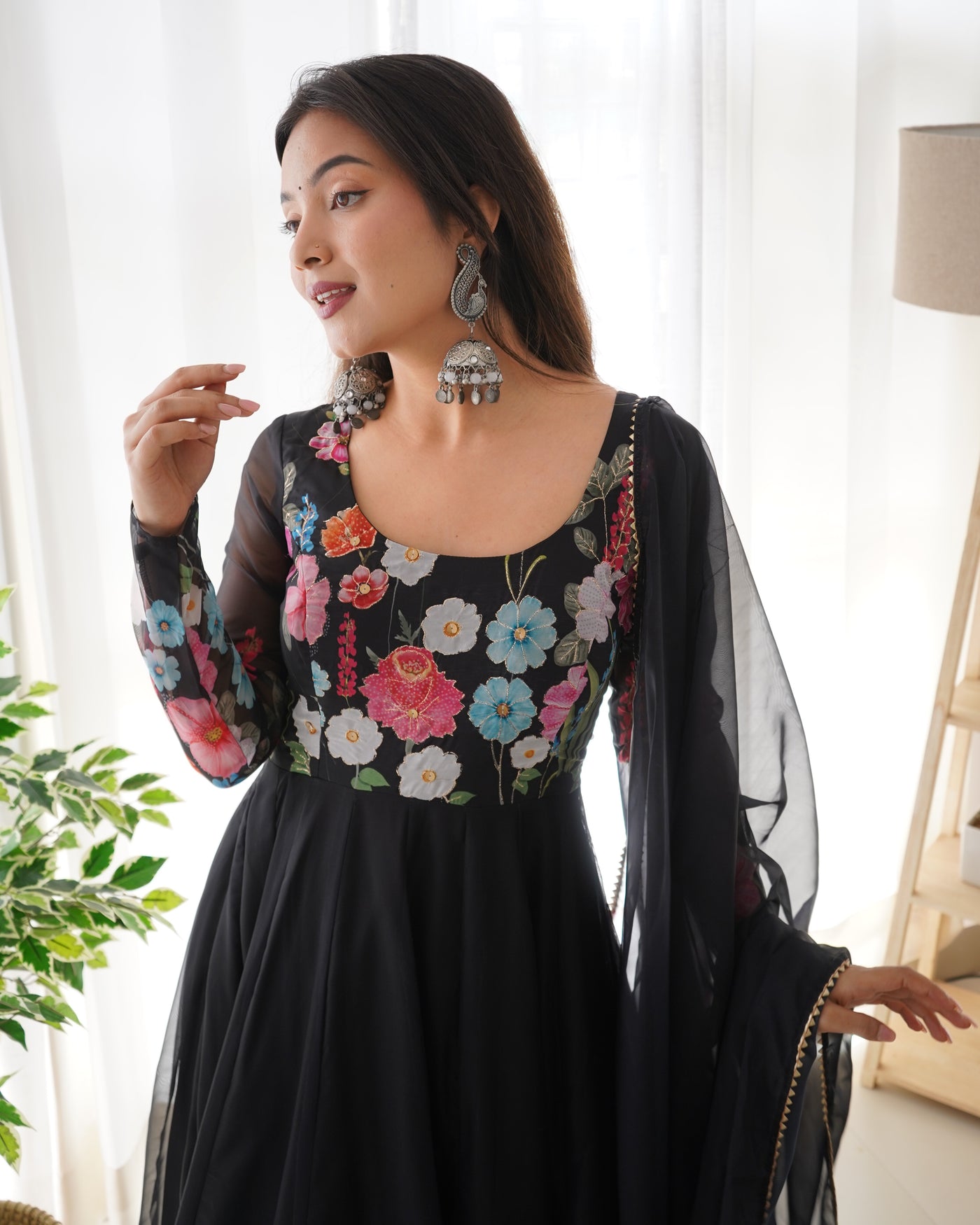 Floral Printed Organza Anarkali Suit Set With Matching Dupatta