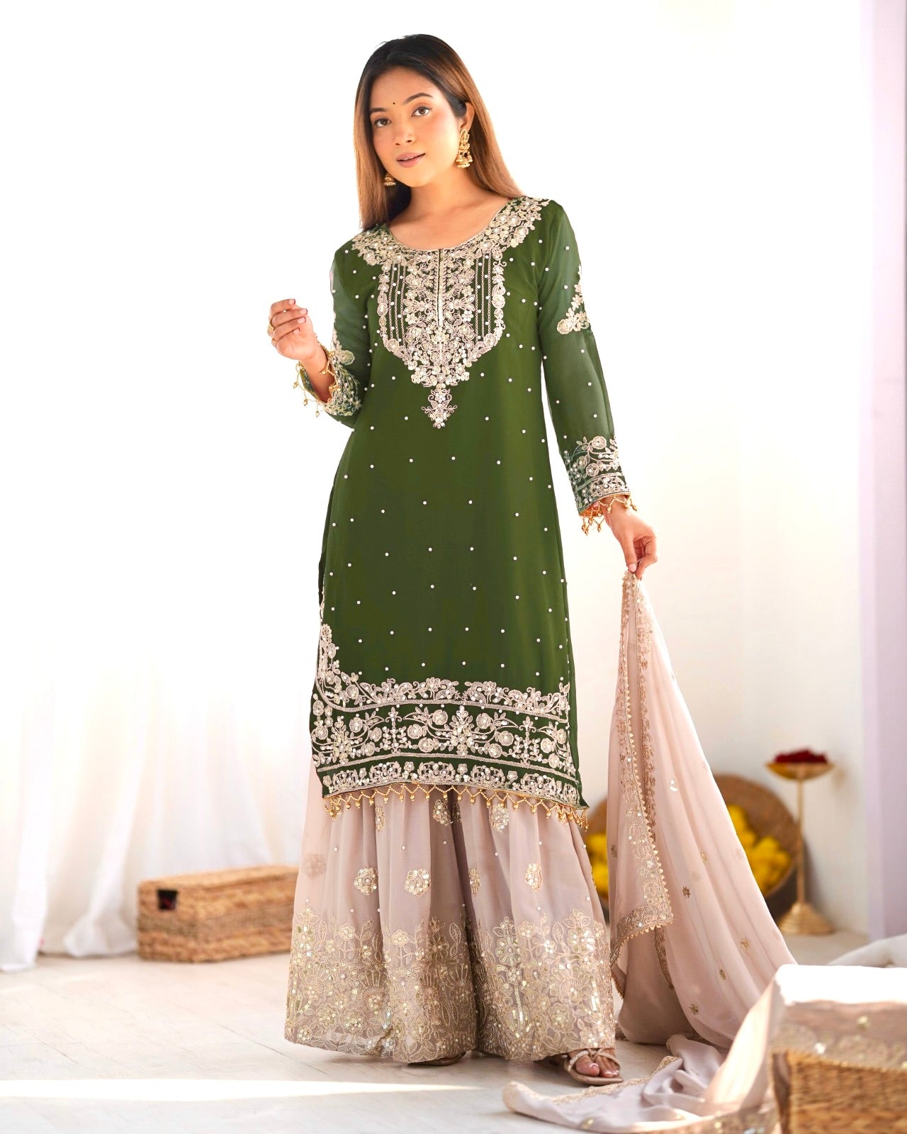Leaf Green Color Festival Designer Suit With Dupatta