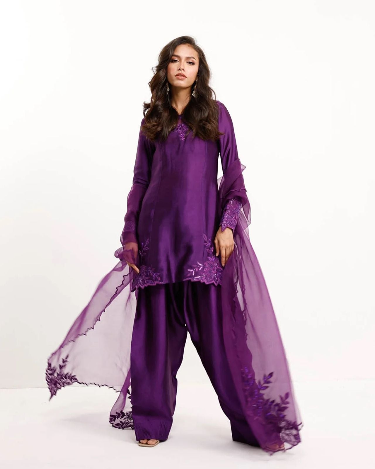 Elegant Beaded Natural Crepe Suit Set With Farshi Salwar & Net Dupatta