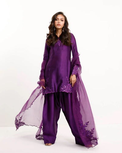 Elegant Beaded Natural Crepe Suit Set With Farshi Salwar & Net Dupatta