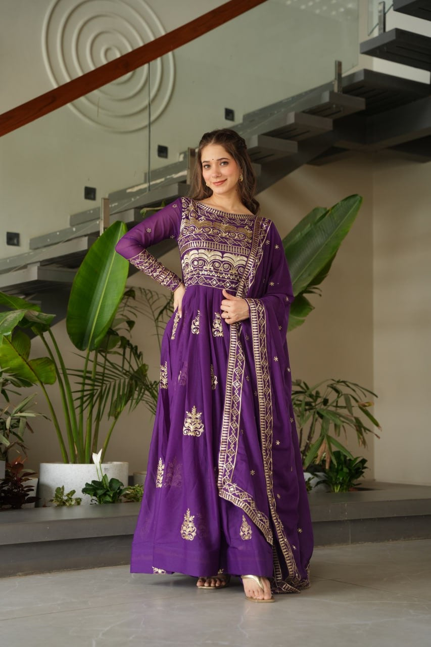 Purple Color Chinon Gown With Embroidery Dupatta
