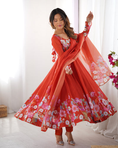 Floral Printed Organza Anarkali Suit Set With Matching Dupatta