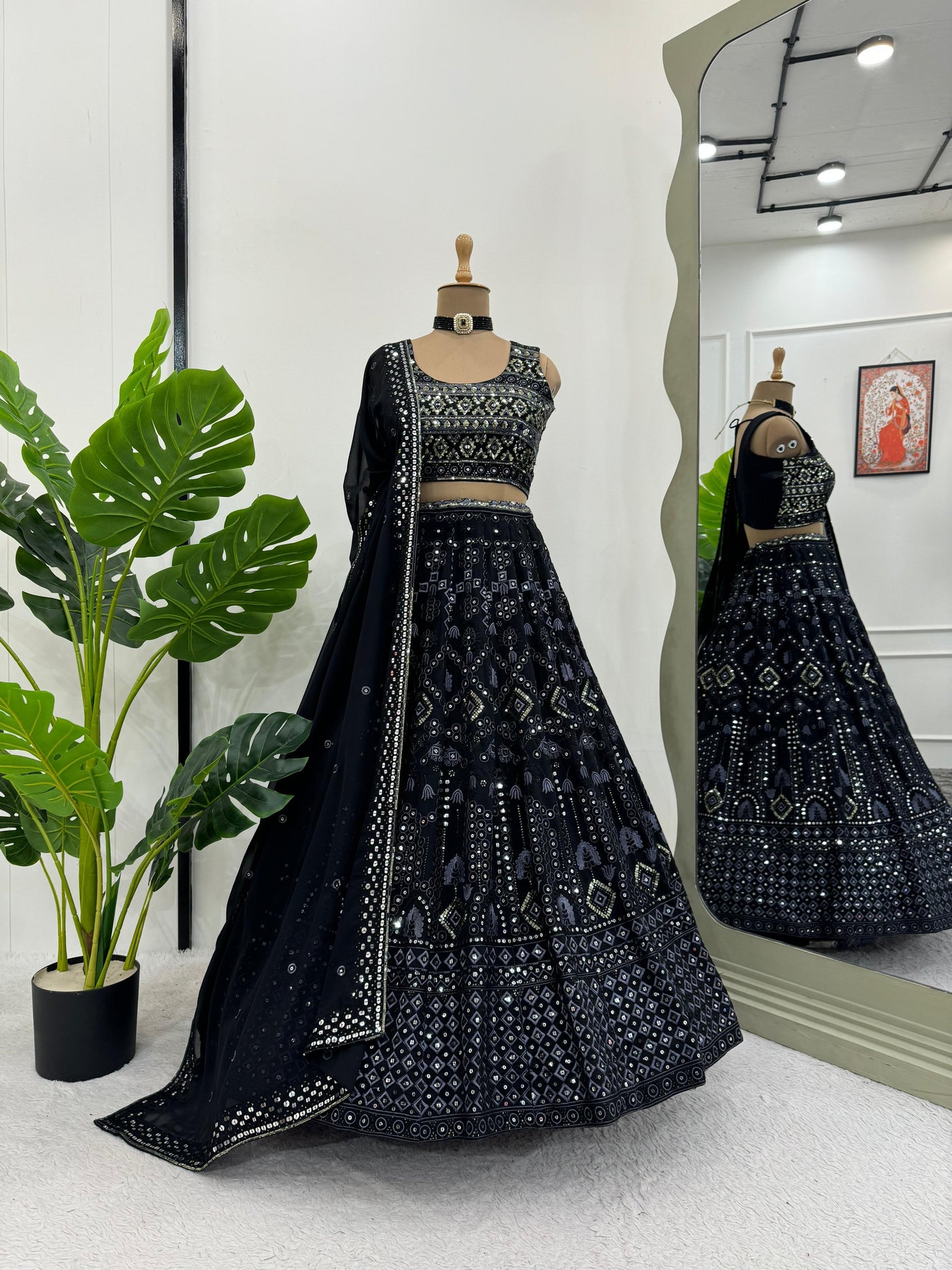 Black Faux Georgette Lehenga With Heavy Blouse And Dupatta