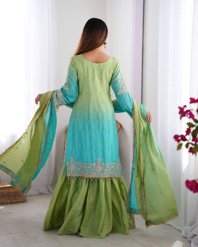 GREEN WITH SKY COLOR WEDDING WEAR CHINON SILK PLAZZO DRESS