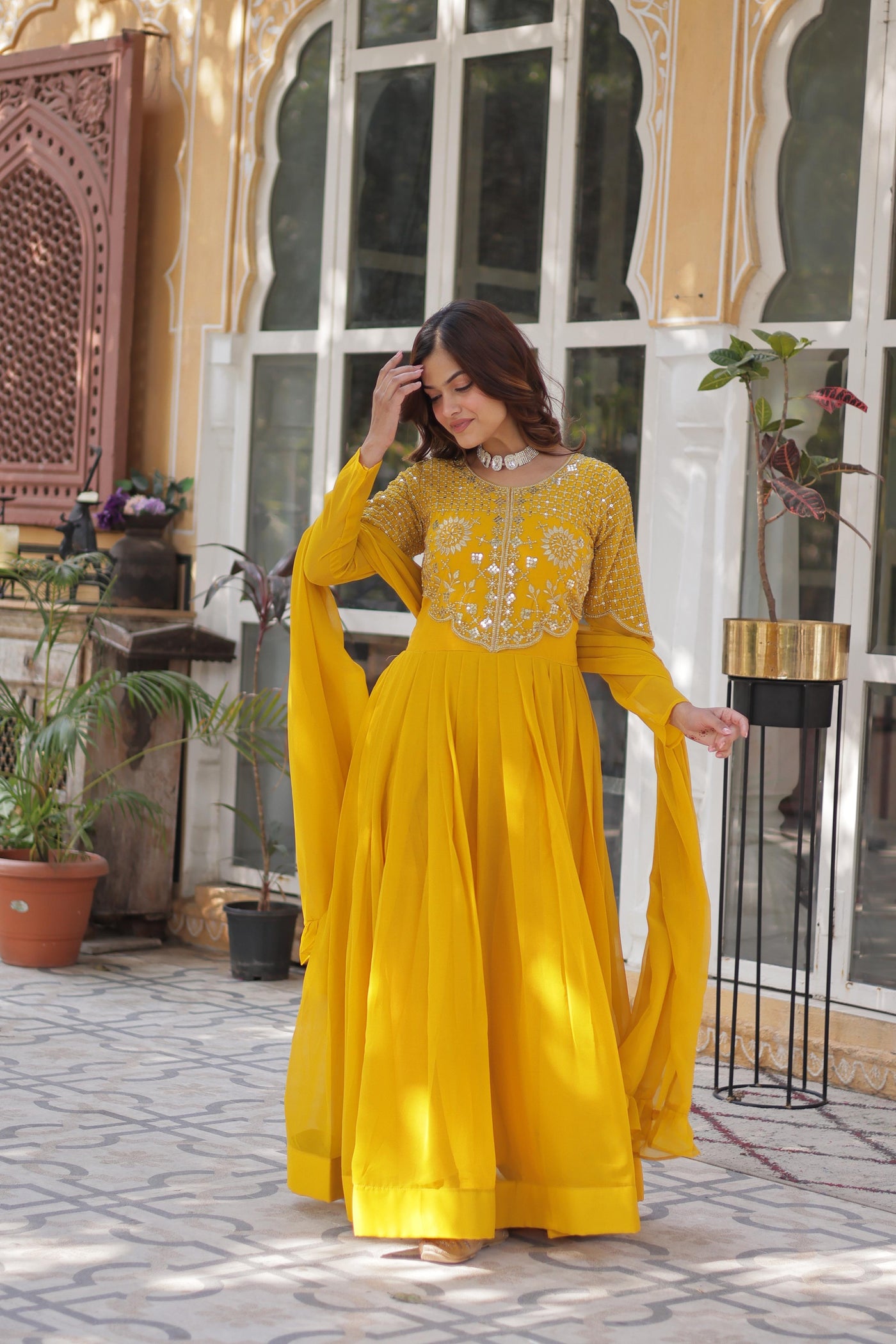 Yellow Ethnic Georgette Gown With Fancy Dupatta
