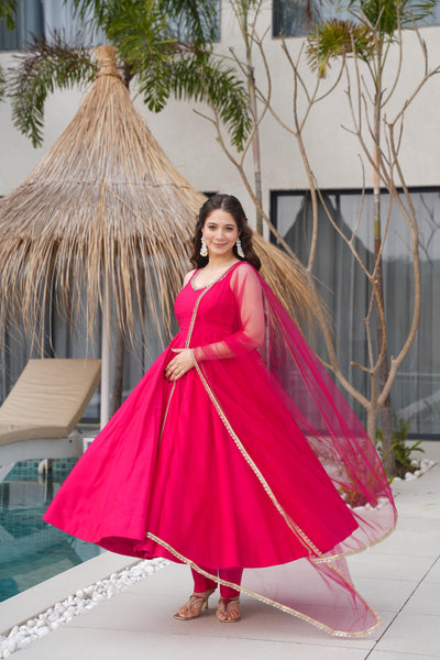 Pink Color Roman Silk Anarkali With Nylon Net Dupatta