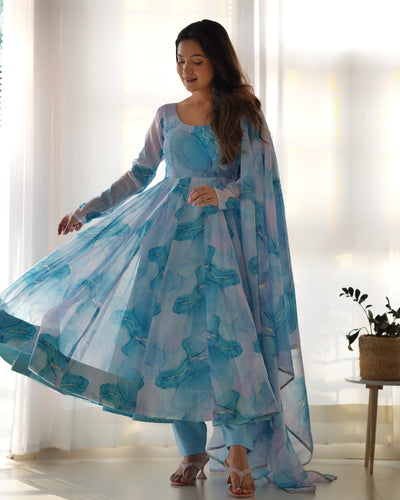 Pure Organza Silk Marble Print Anarkali Set With Dupatta And Pant