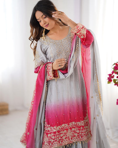 Dusty Pink Color Wedding Wear Chinon Silk Plazzo Dress