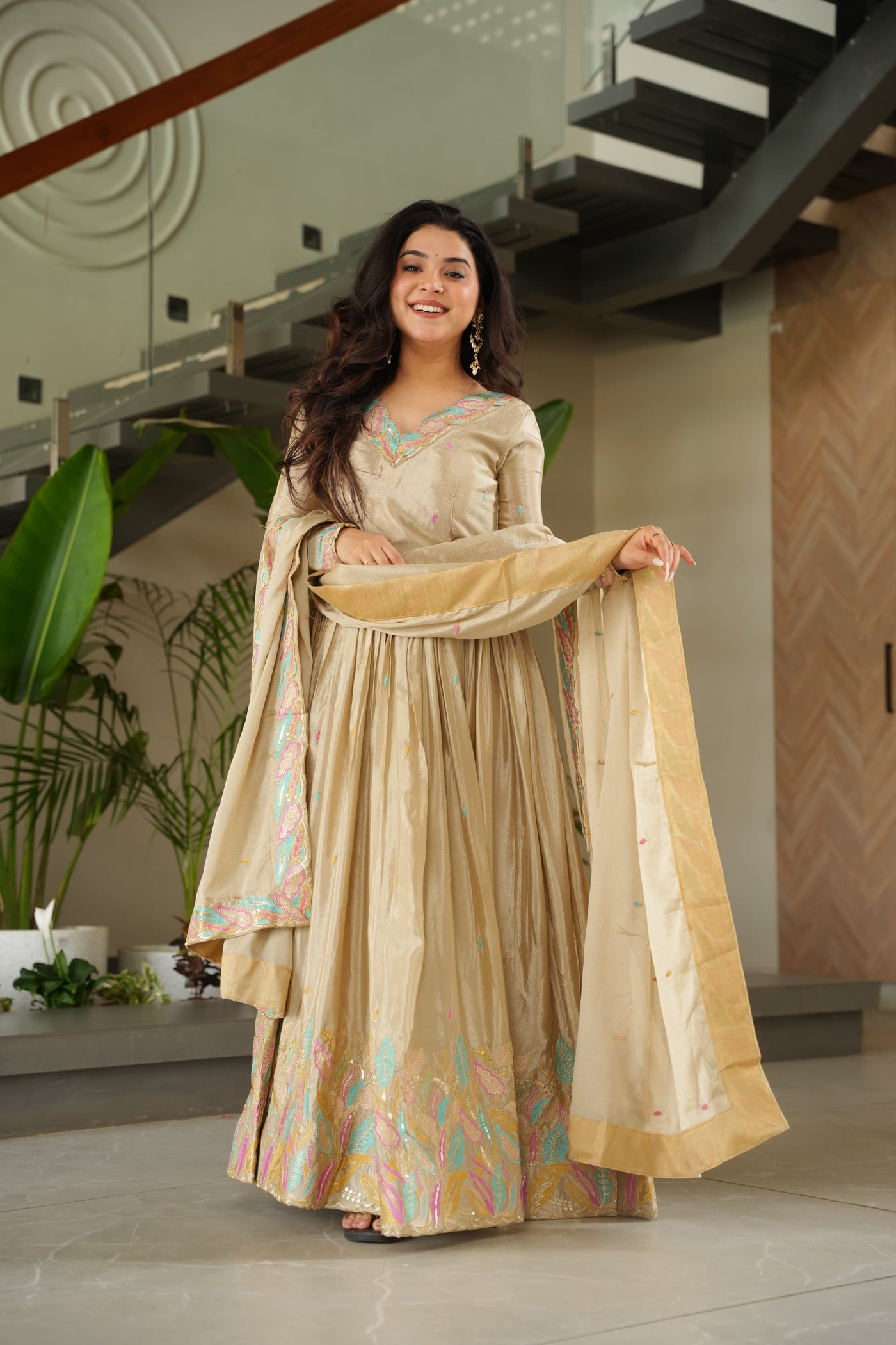 Chinnon Fabric Gown With Sequins & Multi-Thread Embroidered Dupatta