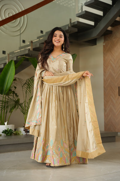Chinnon Fabric Gown With Sequins & Multi-Thread Embroidered Dupatta