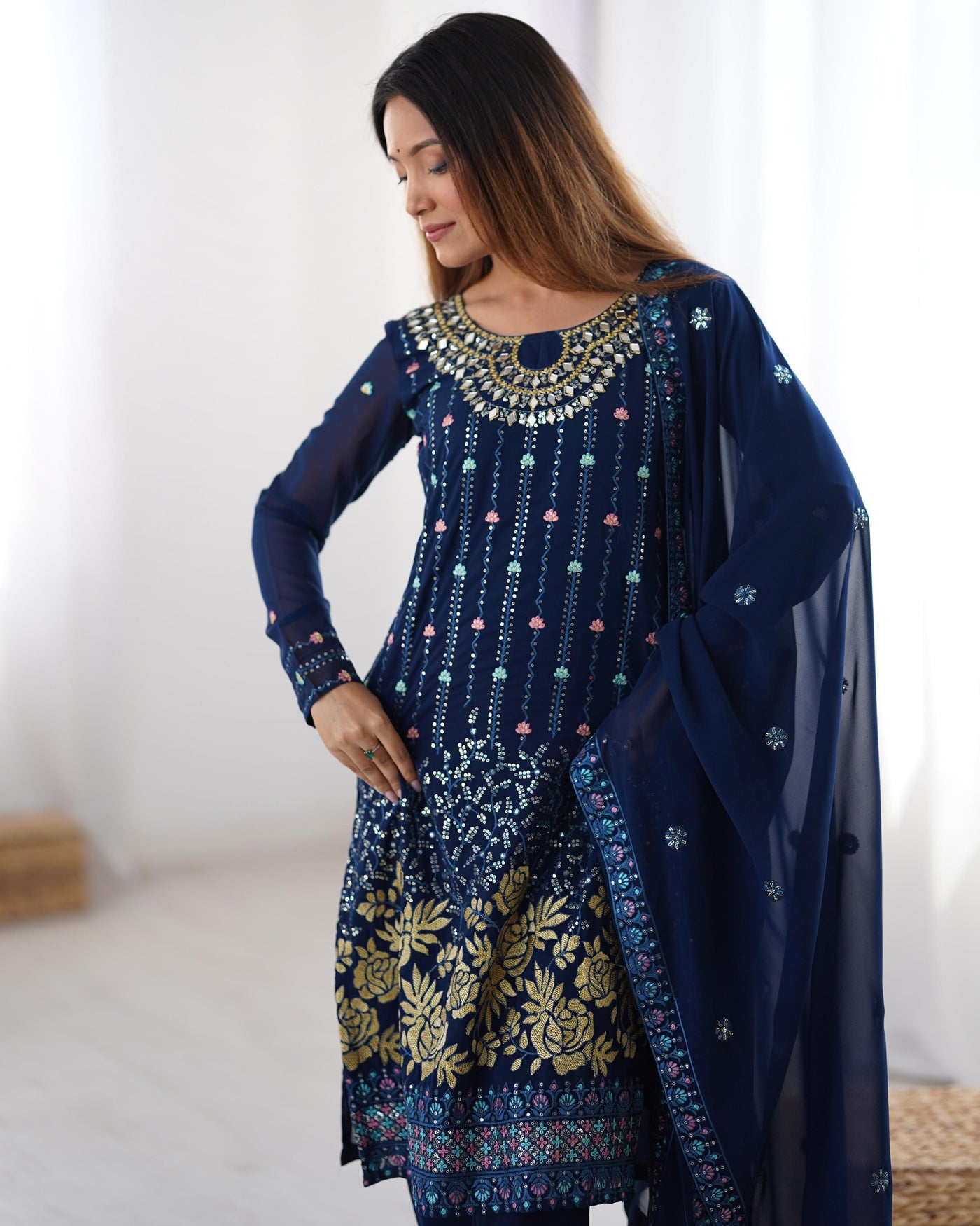 Royal Blue Color Faux Georgette Suit With Fancy Dupatta