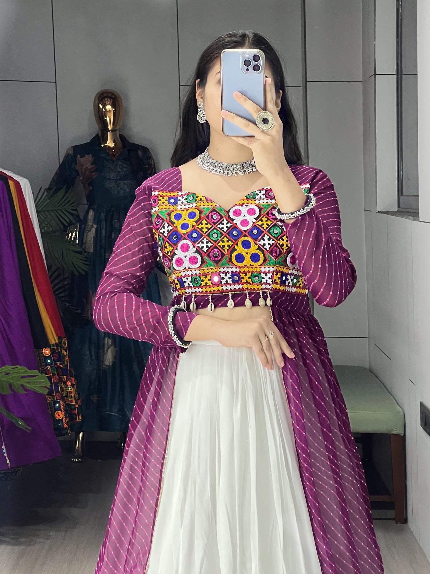 Wine Color Georgette Leheriya Printed Kurti With Traditional Lehenga