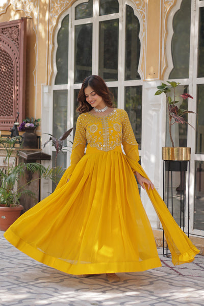 Yellow Ethnic Georgette Gown With Fancy Dupatta
