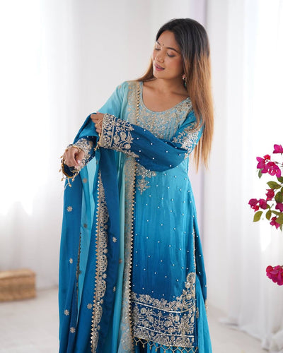 BLUE WEDDING WEAR CHINON SILK PLAZZO DRESS