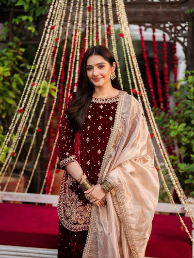 Maroon Velvet Salwar Kuit With Beige Dupatta