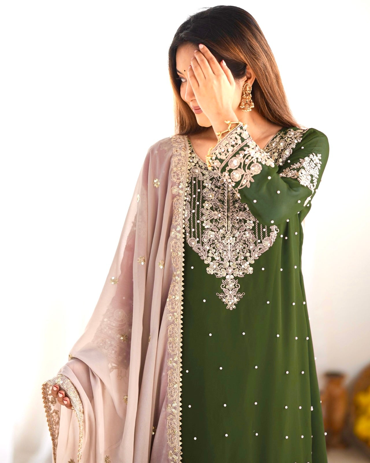 Leaf Green Color Festival Designer Suit With Dupatta