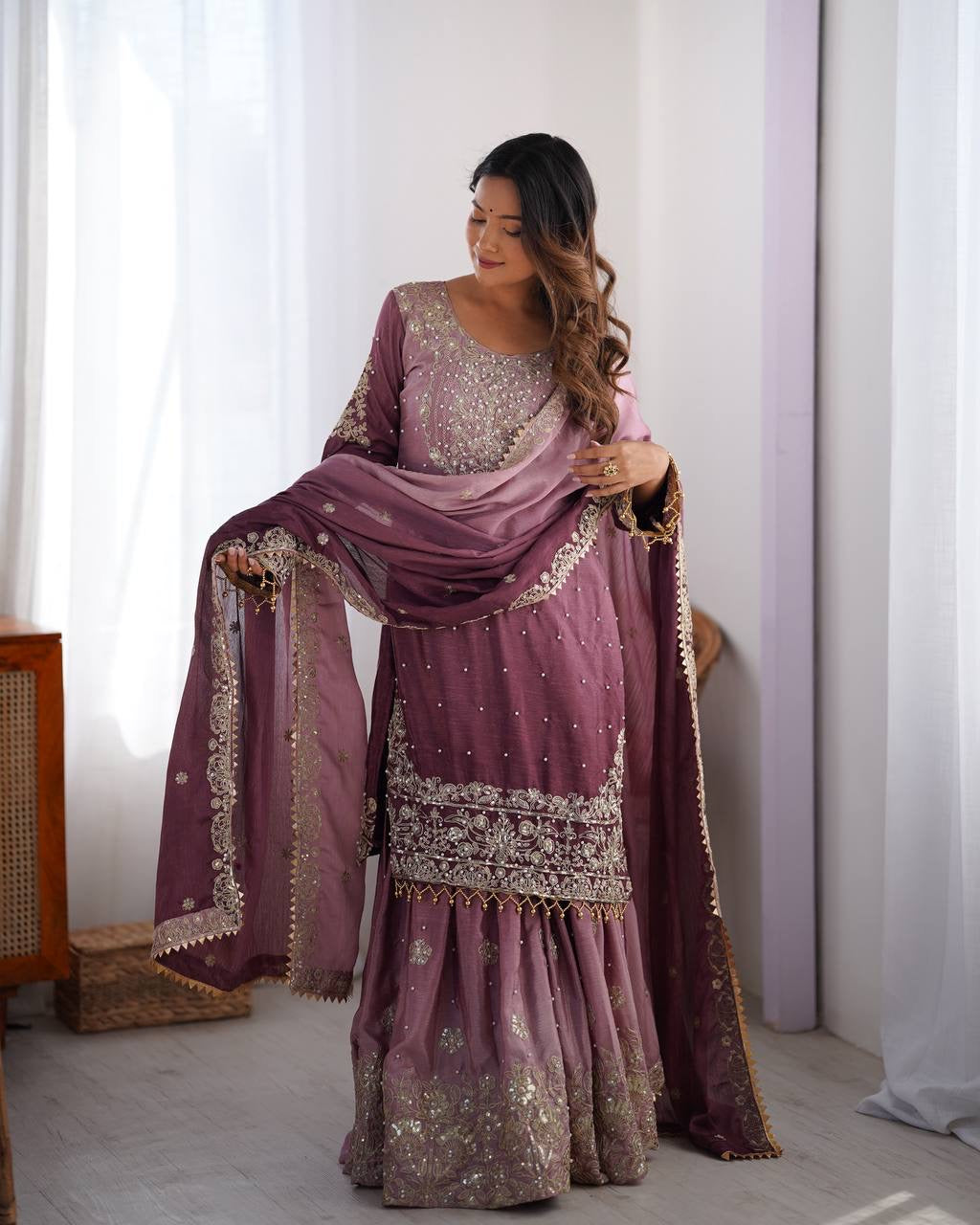 LIGHT PURPLE WEDDING WEAR CHINON SILK PLAZZO DRESS