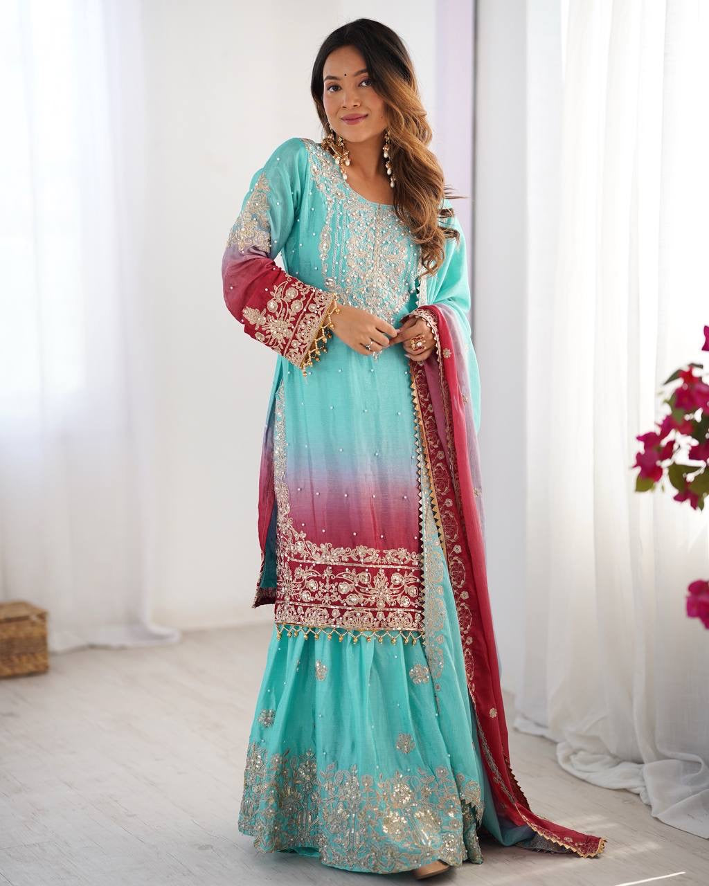 SKY COLOR WEDDING WEAR CHINON SILK PLAZZO DRESS