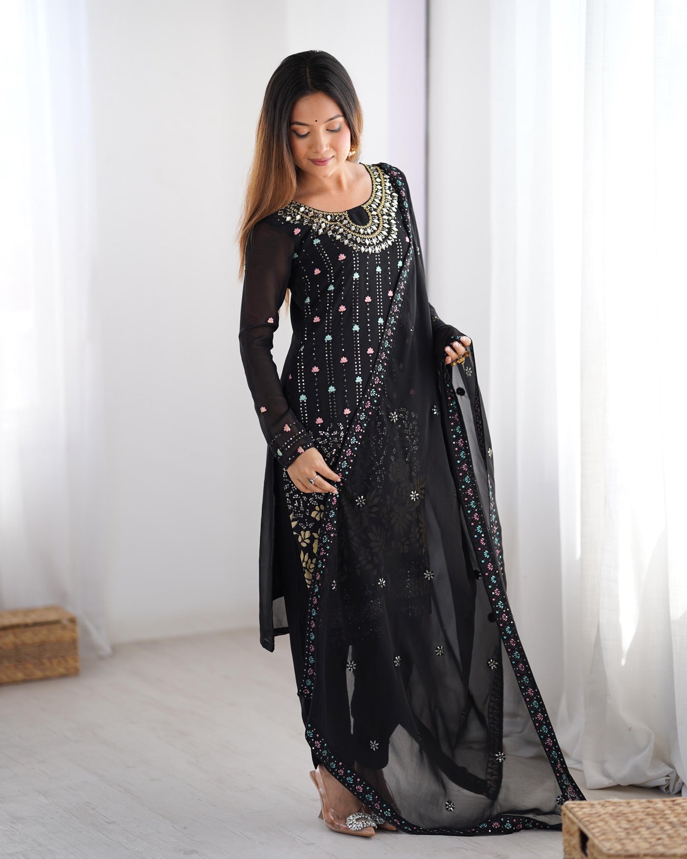 Black Color Faux Georgette Suit With Fancy Dupatta