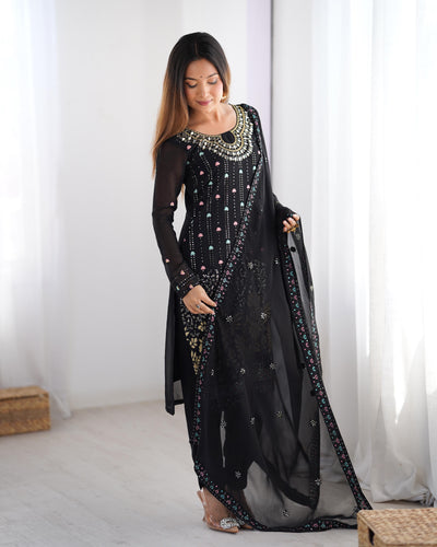 Black Color Faux Georgette Suit With Fancy Dupatta